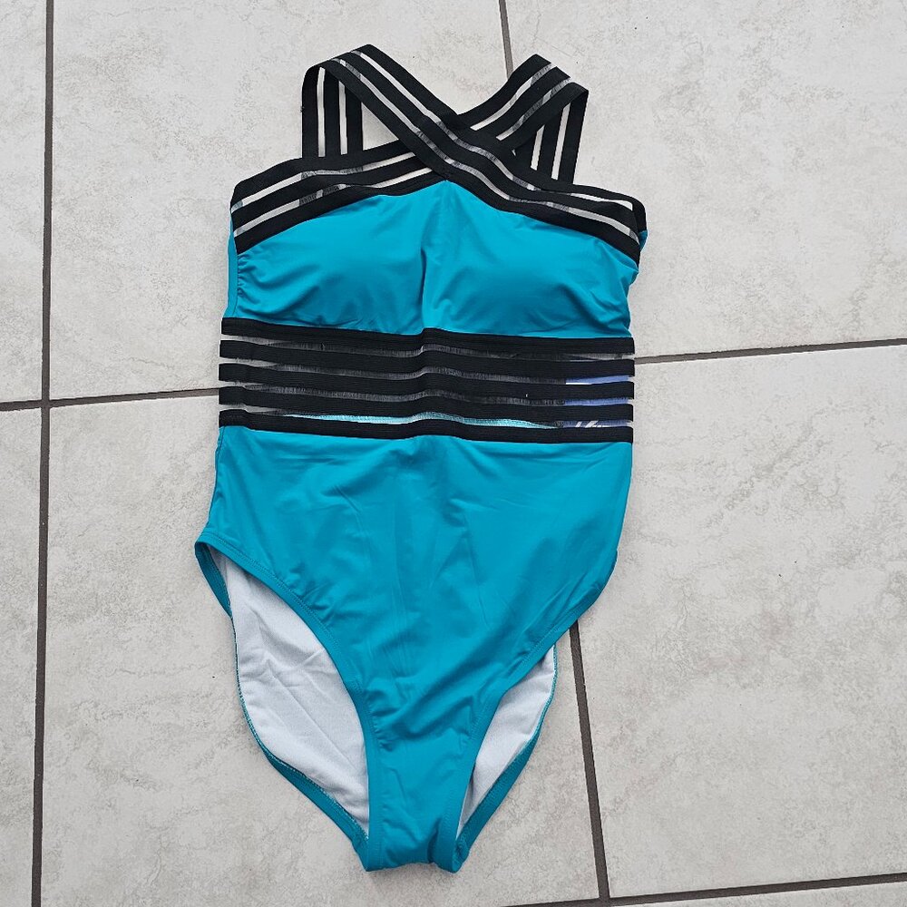 NEW Hilor Women's Swimsuit Front Crossover Hollow Monokini Bluebird Blue M/8-10